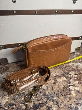 The Sak Caramel Leather Crossbody with Woven Strap
